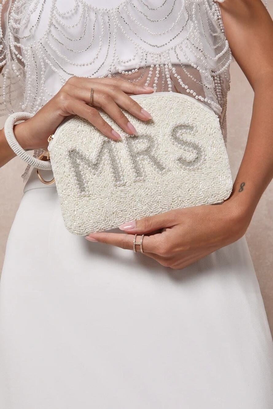 NWT Lulus Mrs Moment Ivory Beaded Pearl Pouch Bag